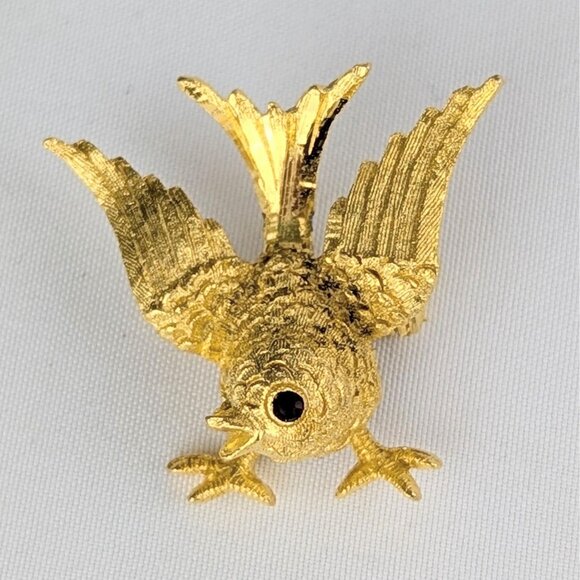 Vintage Mid-Century Gold Bird Brooch Pin Red Rhinestone Scarf Pin for Bird Lover - Picture 6 of 7